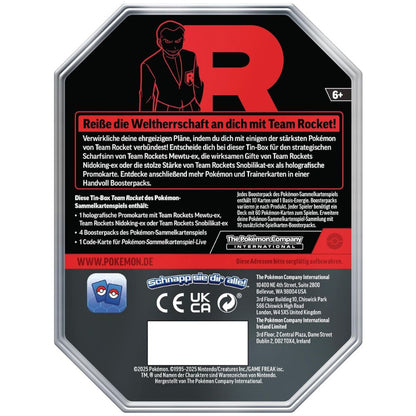 Rückseite der Pokémon Team Rocket’s Mewtu-ex Tin Box mit Produktdetails (Deutsch)