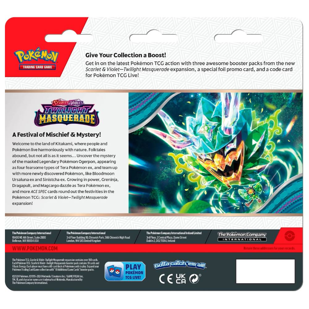 Rückseite des Twilight Masquerade 3er Blisters mit Ogerpon Artwork und Beschreibung