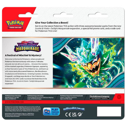 Rückseite des Twilight Masquerade 3er Blisters mit Ogerpon Artwork und Beschreibung