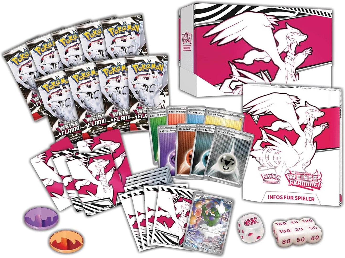 Inhalt der Pokémon Weiße Flammen Top-Trainer-Box mit Boostern und Zubehör (Deutsch)