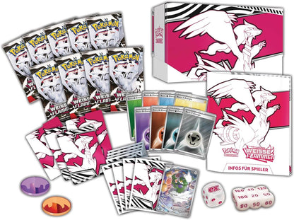 Inhalt der Pokémon Weiße Flammen Top-Trainer-Box mit Boostern und Zubehör (Deutsch)