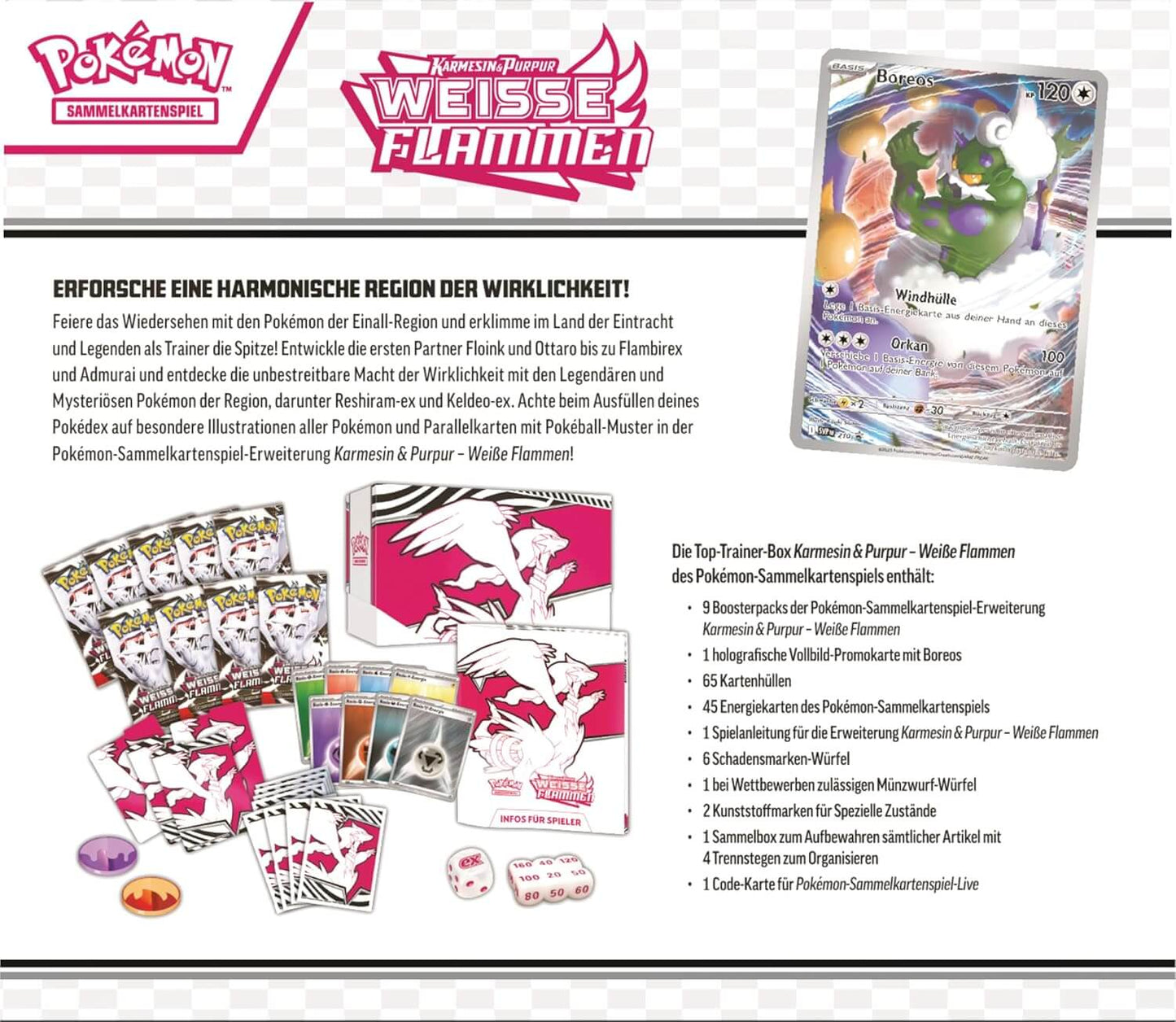 Rückseite der Pokémon Weiße Flammen Top-Trainer-Box mit Produktdetails (Deutsch)
