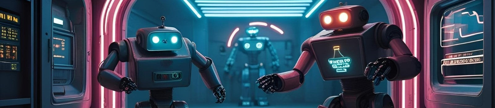 Drei retro-futuristische Roboter in neonbeleuchtetem Sci-Fi-Gang – Bannerdesign für den Nerd-Shop New Geek in Town